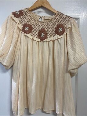 Cream Smocked Yoke Blouse with Brown Crochet Flowers by